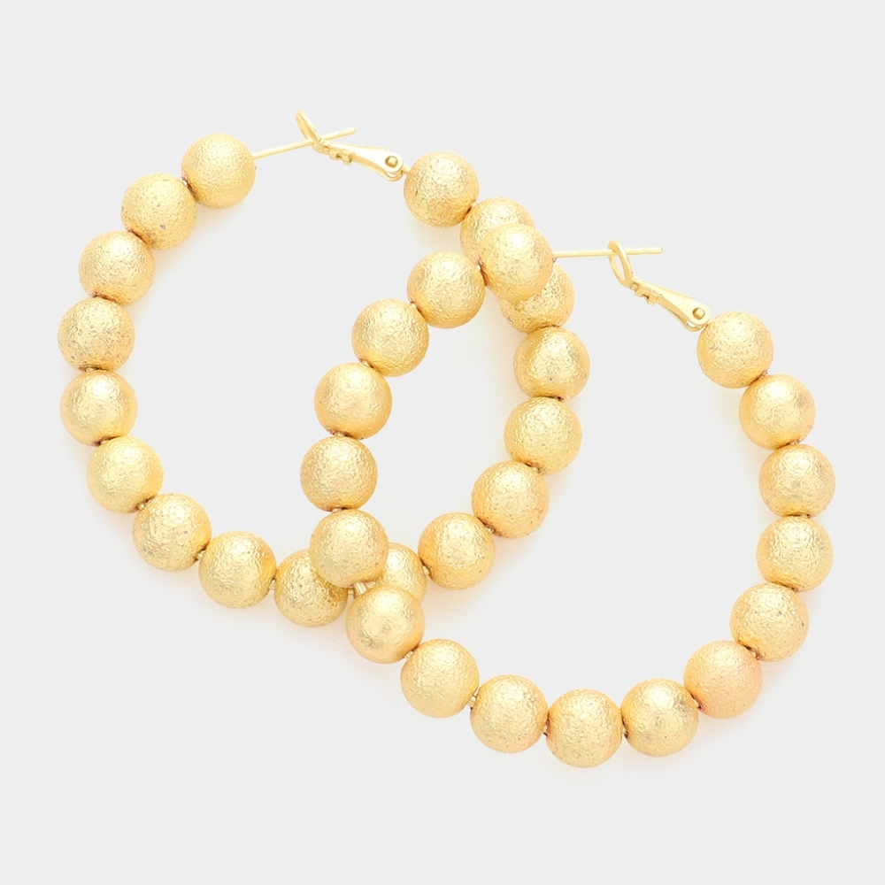 Small Frosted Gold Ball Metal Hoop Earrings 2.25" Beaded Jewelry